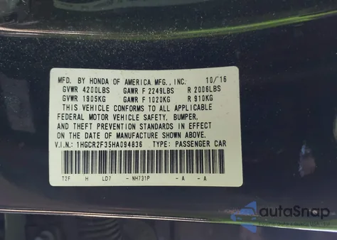 2017 Honda Accord Lx z USA, uszkodzony, nr VIN 1HGCR2F35HA094836